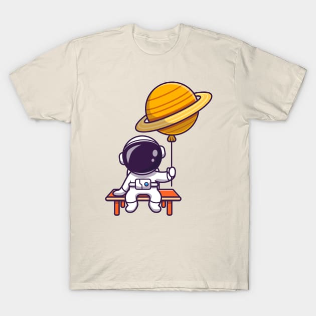 Cute Astronaut Sitting And Holding Planet Balloon Cartoon T-Shirt by Catalyst Labs